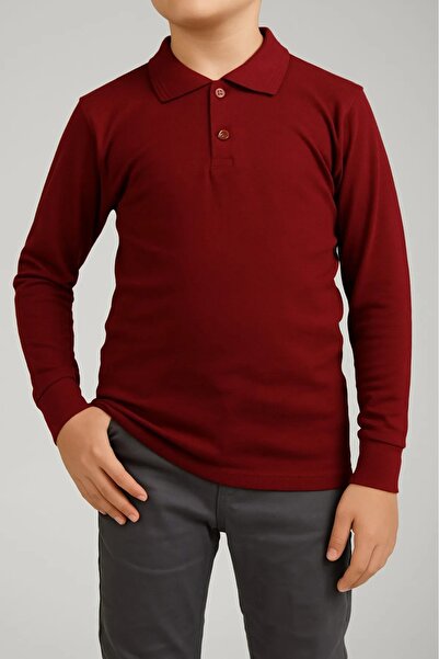 FATELLA Unisex Children's Polo Neck Long Sleeve Claret Red T-shirt