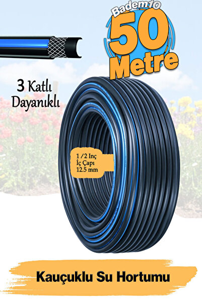 Badem10 Termo Kauçuklu Bahçe Hortumu 50 Metre Dayanıklı 3 Katlı Sağlam Su Sul...
