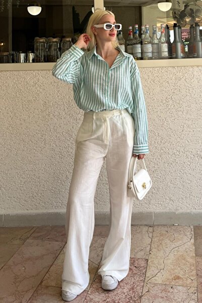 Seeh Zöld csíkos gombos részletes hosszú ujjú női ing SH178