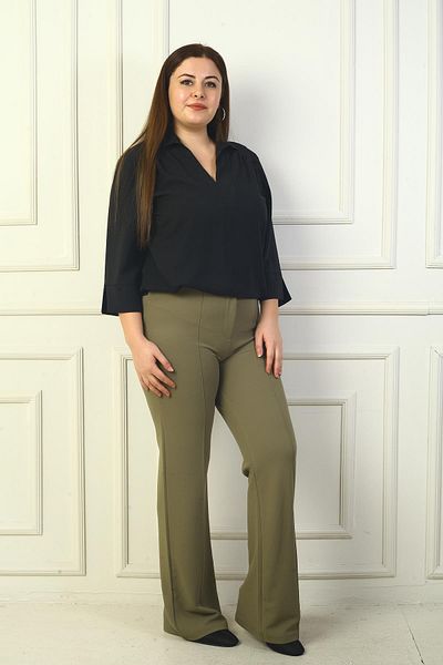 By Saygı Women's Elastic Waist Striped Large Size Palazzo Trousers