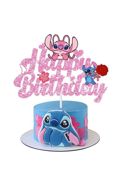 Disney Pink Stitch Angel Cake Topper Glitter Pink Happy Birthday Cake Decor Party Supplies For Kids