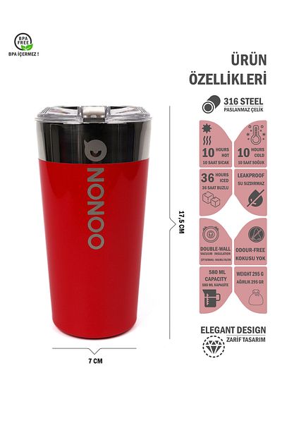 NONOO Stainless Steel Red Cup Thermos 580ml Half Liter Hot Cold In-Car Small Handheld Coffee Mug Water