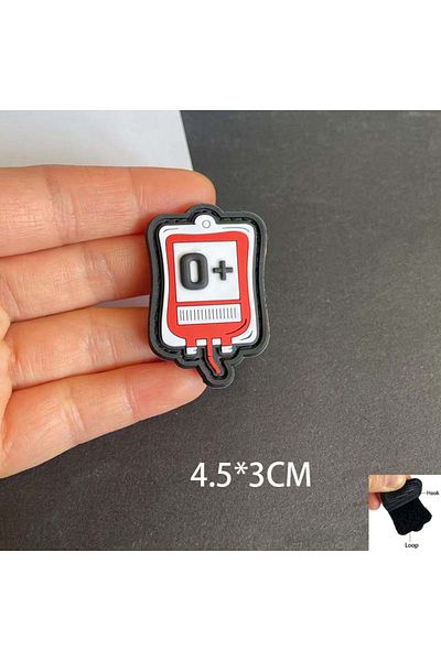 Choice O 4.5*3cm Blood Bag Blood Type A B Ab O Pos Pvc Rubber Emblem Patches With Hook And Loop,milita.