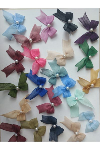 SEVİMLİ TASARİMLAR Pearl Detailed Naples Linen Ribbon Ready-Made Bow (30 Pieces)