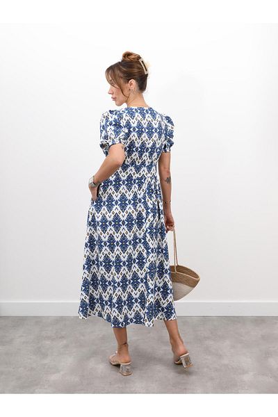 Maldia Shop Women's Bohemian Pattern Balloon Sleeve Blue Dress