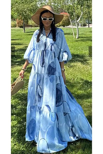 QUAWEAR V-Neck Sleeve Mouth Elastic Half Placket Button Viscose Fabric Full Length Dress