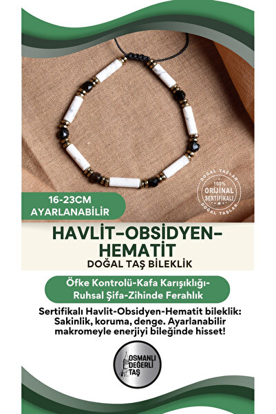OSMANLI DEĞERLİ TAŞ Certified Howlite Obsidian Hematite Natural Stone Macrame...