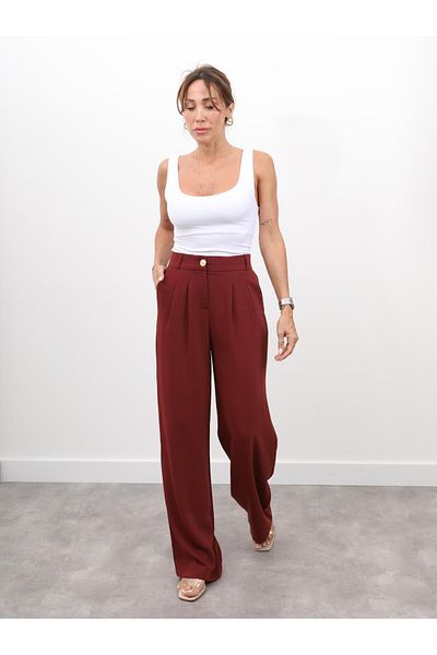 Maldia Shop Women's High Waist Pleated Palazzo Burgundy Trousers with Elastic Back