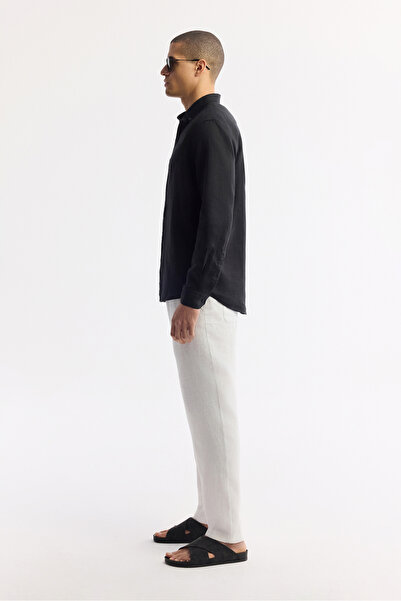 Avva Erkek Siyah Düğmeli Yaka %100 Keten Comfort Fit Gömlek B002191