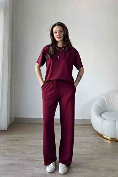 TrendyFashion Damen-Trainingsanzug-Set aus bordeauxrotem Modalstoff mit kurze...