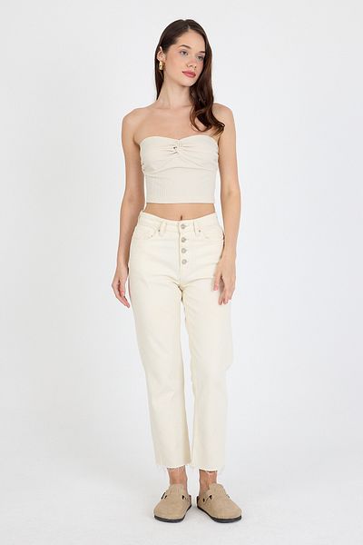 Eco Sense Women's Strapless Gathered Crop Blouse with Knot Detail on the Chest
