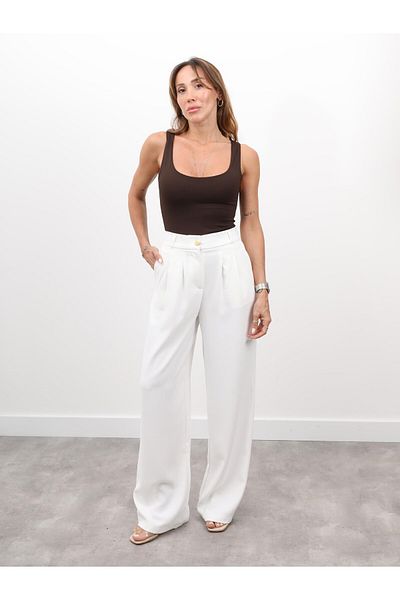 Maldia Shop Women's High Waist Pleated Palazzo Ecru Trousers with Elastic Back