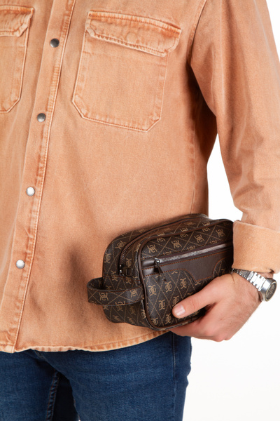 Newish Erkek Deri Portföy Clutch Traş Kozmetik Bakım Ve Günlük El Çantası (14X24CM) - Kahve - Taba
