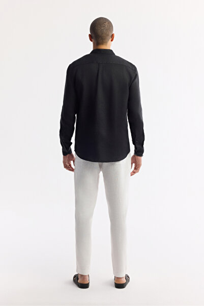 Avva Erkek Siyah Düğmeli Yaka %100 Keten Comfort Fit Gömlek B002191