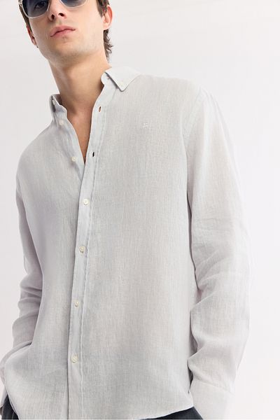 Avva Ανδρικό πουκάμισο με γιακά με κουμπιά Ice Grey Comfort Fit 100% λινό B002191