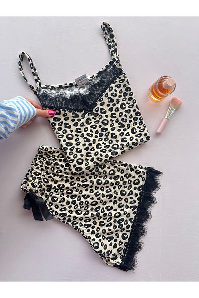 WALJA Set de pijamale negru cu model leopard din dantelă cu bretele de frânghie