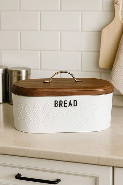 Makri Bread Box, Metal Bread Box, Patterned White Bread Basket, 34 X 19 X 16 cm