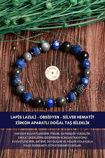 Alp Doğal Taş Sertifikalı Orijinal Lapis Lazuli Obsidyen Silver Hematit Doğal...