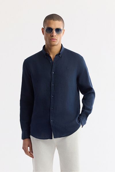 Avva Ανδρικό πουκάμισο με πέτο με κουμπιά Navy Blue Comfort Fit 100% λινό B002191