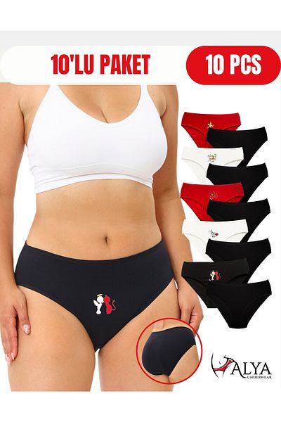 ALYA UNDERWEAR Chiloți din bumbac roșu negru alb imprimați pentru femei, pachet de 10 (MULTICOLOR - X40)
