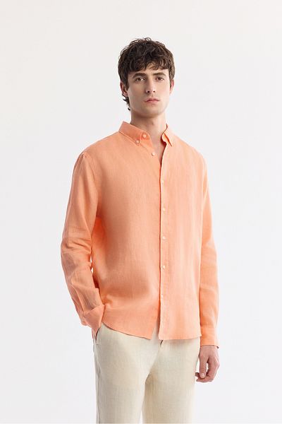 Avva Ανδρικό πορτοκαλί πουκάμισο Comfort Fit 100% λινό με κουμπιά πέτο B002191