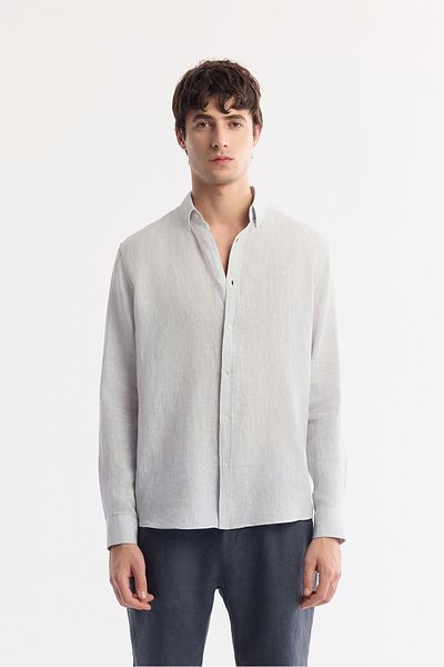 Avva Ανδρικό πουκάμισο με γιακά με κουμπιά Ice Grey Comfort Fit 100% λινό B002191