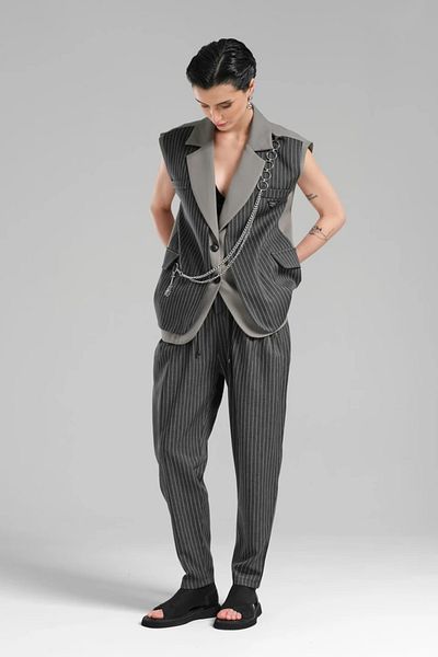 tw3 Women's Striped Fabric Detailed Back Waist Elastic Design Trousers