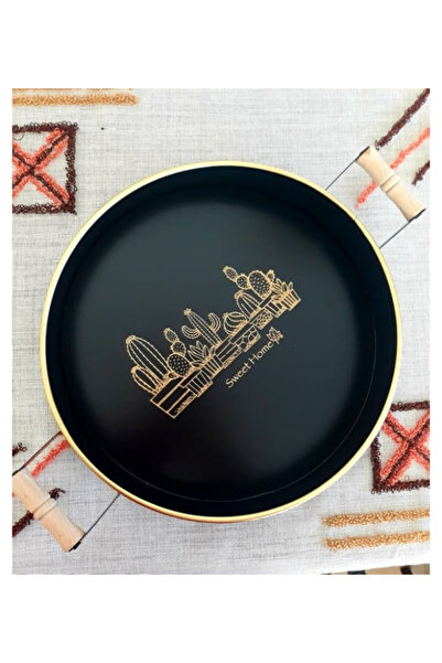 KuantumHome Sweet Home Kaktüs Baskılı Özel Ahşap Kulplu Siyah Metal Sunum Tepsi,Dekoratif Tepsi