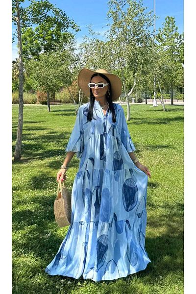 QUAWEAR V-Neck Sleeve Mouth Elastic Half Placket Button Viscose Fabric Full Length Dress