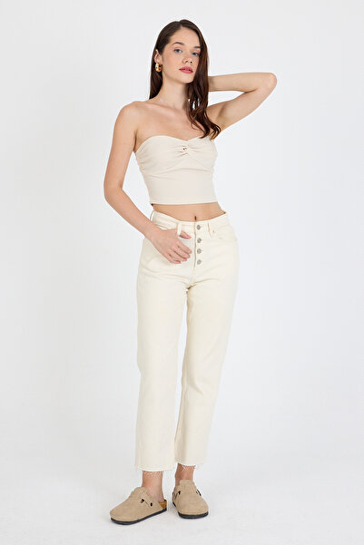 Eco Sense Women's Strapless Gathered Crop Blouse with Knot Detail on the Chest