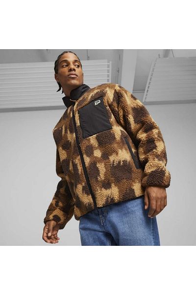 Puma Ανδρικό μαύρο μπουφάν με γιακά Downtown Aop Sherpa
