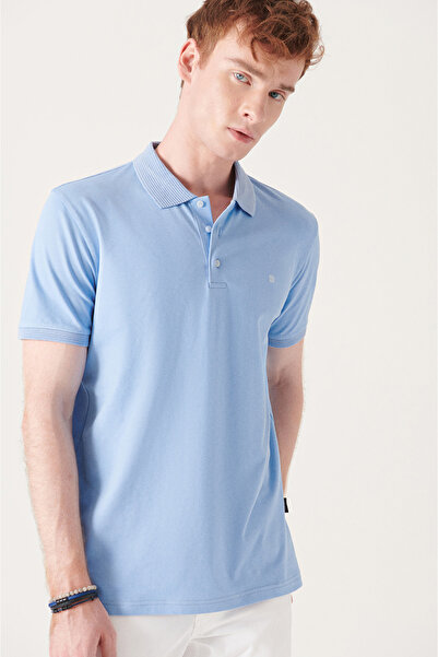 Avva Men's Light Blue 3-Button 100% Corn Cotton Polo Collar T-Shirt B 001027