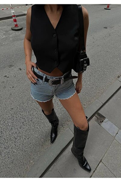 cuteliay butik Taş Detaylı Işıltılı Jean Şort (KOT - DENİM)