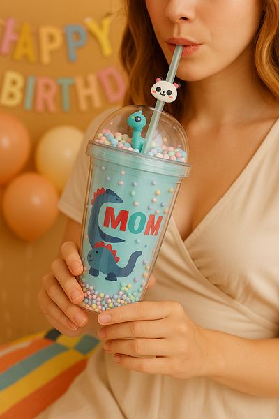 CHANCE GİFT Cute Dino Themed Double Layer Party Supplies Water Bottle with Straw Flask Soft Drink Bottle Blue 2769