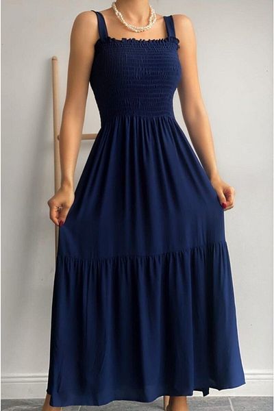 rengamoda Rochie de nuntă pentru femei, albastru bleumarin, cu bretele Gipeli, din țesătură de in Hera (135 cm)