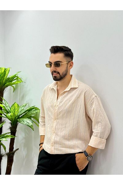 JACK CAPRİO Ανδρικό λινό πουκάμισο Flam ριγέ Oversize
