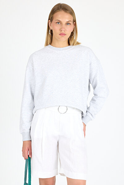 Kadın Bisiklet Yaka Karmelanj - Gri Pamuklu Düz Basic Sweatshirt