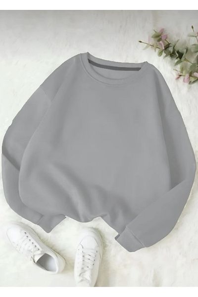 LA GULER Unisex Smoke Grey Crew Neck Χειμερινό άνετο φούτερ Oversize 3 νήματα βαμβακερό με εσωτερικό φλις