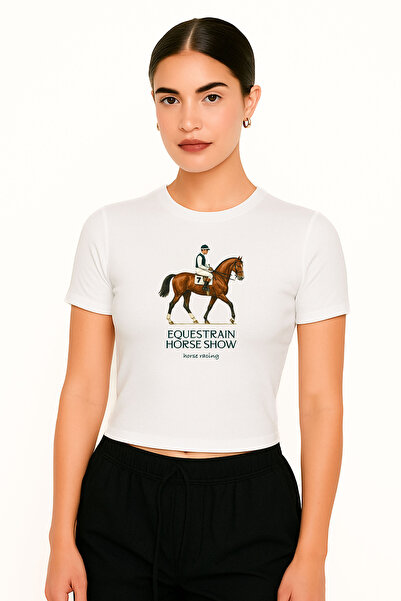 kear bunner Beyaz Özel Horse Baskılı Tasarım Pamuklu Crop Tişört