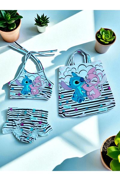 MİLAYS LİFE HOME COLLECTİON Fusta imprimată cu caracter pentru fetiță, cu volane, cu șnur, geantă, costum de baie, bikini, set de 3 piese