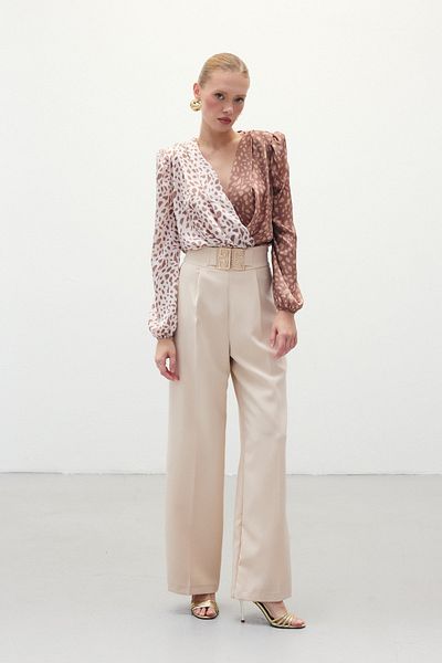 Sateen Wide Leg Trousers with Waist Accessories - STONE