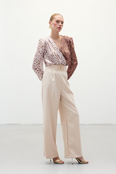 Sateen Wide Leg Trousers with Waist Accessories - STONE