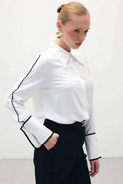 Sateen Klasik Manşetli Kontrast Gömlek - Ekru