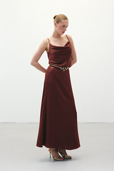 Sateen Дълга сатенена пола - кафява