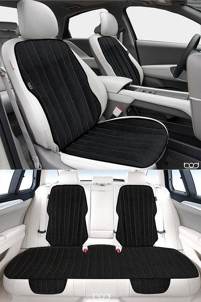 Bod Vodina Series Auto Seat Cushion Seat Protection Cover with Thatch Pocket Front Rear Set Black-Stitching White