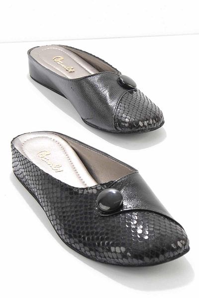 Bambi Μαύρο Black Snake Γνήσιο Δερμάτινο Γυναικείο Σπίτι Παντόφλες XZ1190300007