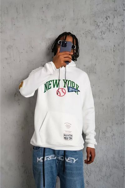 HobiDünyasıElif    Men's Printed Hooded Sweatshirt - White