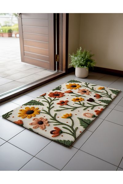 Artvibe Punch Embroidery Patterned Digital Printed Yellow Orange Autumn Themed Door Mat
