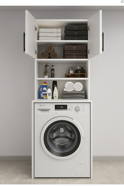 Bladimo Çamaşır Makinası Dolabı, Banyo Dolabı, 4 Raflı, Kapaklı