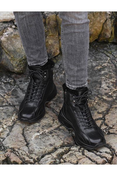 Cabani Genuine Leather Zippered Black Fur Men's Casual Boots